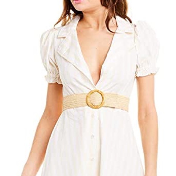 WeWoreWhat Puff Sleeve Bella Shirt Dress in Macro Stripe Shortbread - Picture 6 of 9